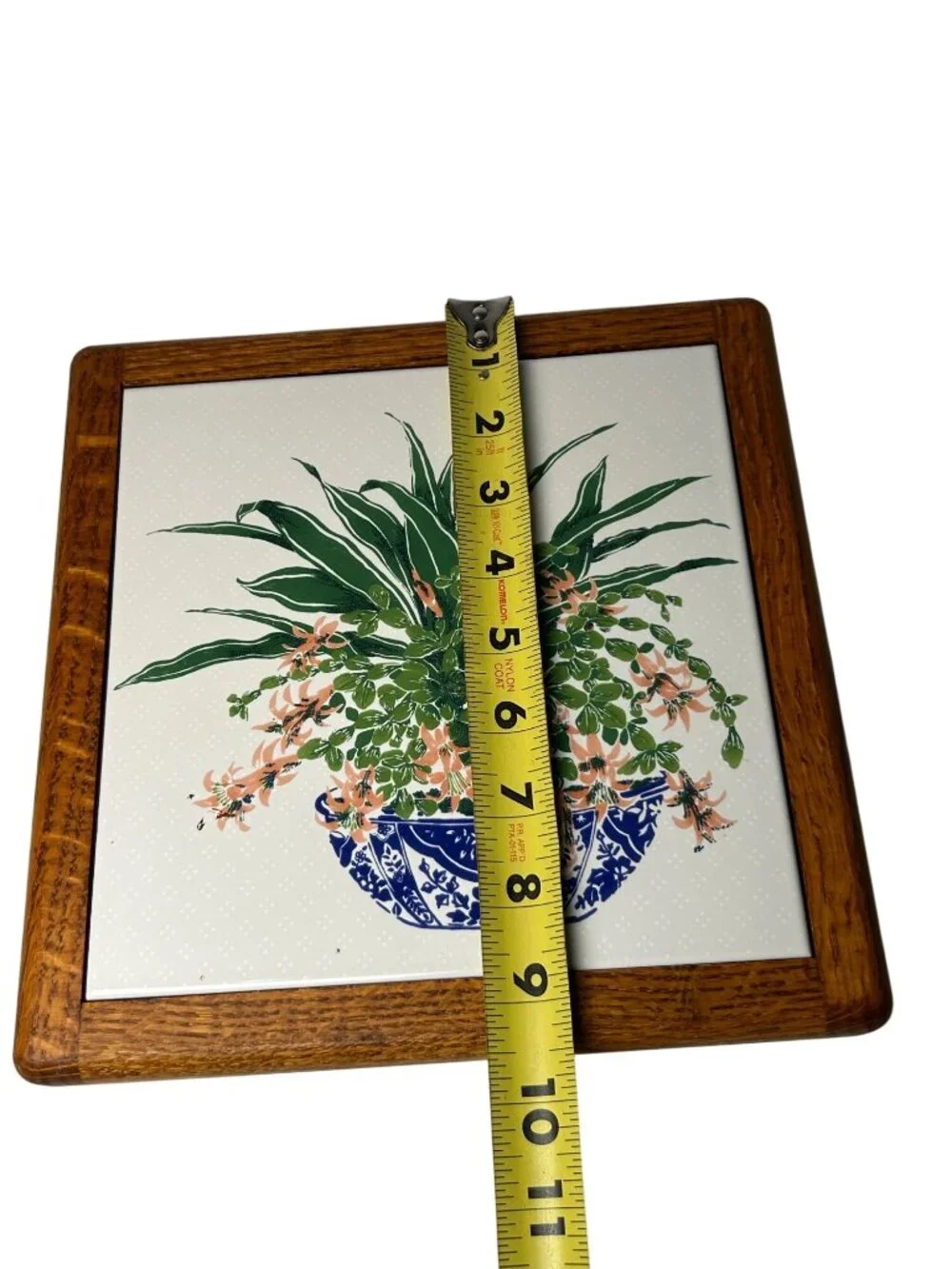 VTG Ceramic Tile Trivet Wooden Framed Floral Pot Italian Made Country Cottage